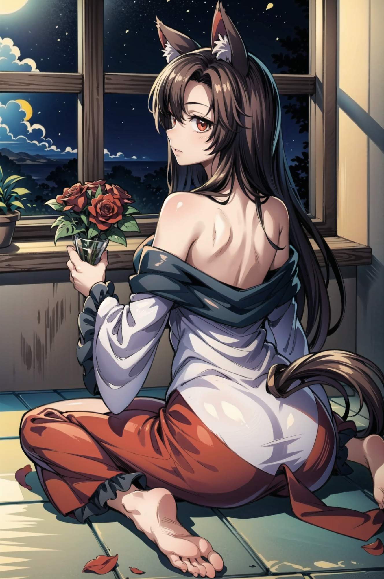 00035-3059435004-_lora_imaizumikagerou_1_, 1girl, moon, animal ears, long hair, full moon, imaizumi kagerou, tail, petals, solo, barefoot, wolf e.png
